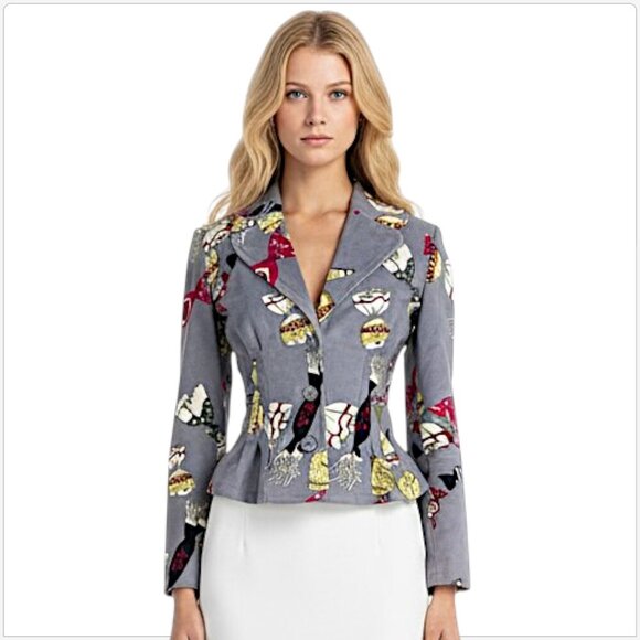 Moschino Jeans Vintage Gray Candy Wrapper Print Pattern Blazer Jacket Fitted 6 - Picture 1 of 7